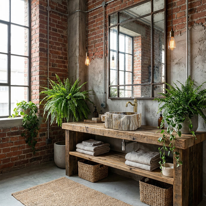 Steinwaschbecken als Aufsatzbecken auf rustikaler Holzkonsole, Industrial-Bad mit Backsteinwand, Pflanzen und warmem Licht.