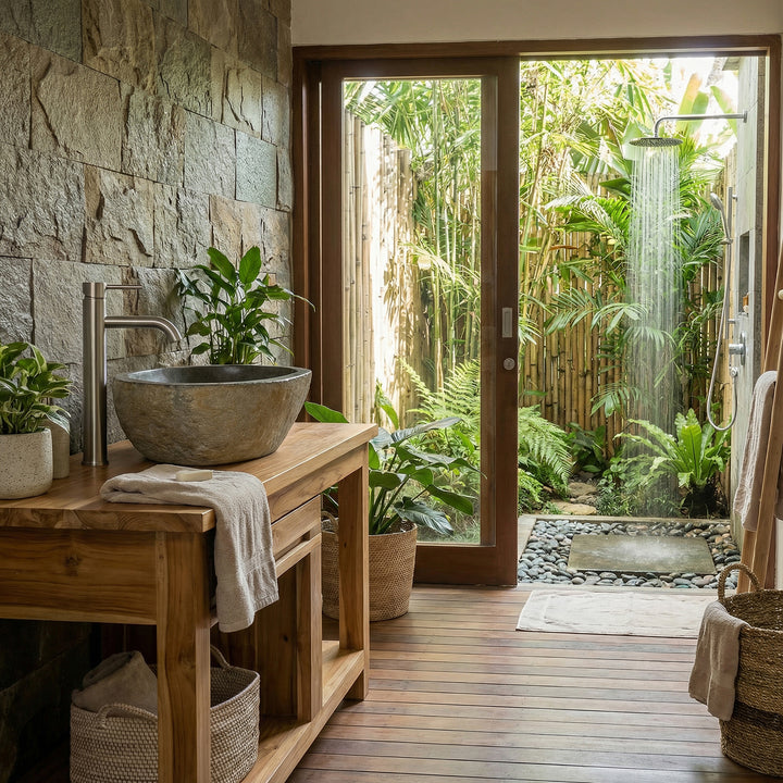 Steinwaschbecken im offenen Spa-Bad auf Holzwaschtisch, mit Natursteinwand, Pflanzen und Blick in den Garten