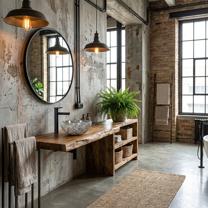 Rundes Marmor Aufsatzbecken mit grauer Maserung auf Holzwaschtisch im industriellen Loft-Badezimmer, kombiniert mit schwarzer Armatur, Backsteinwänden, Hängeleuchten und viel Tageslicht