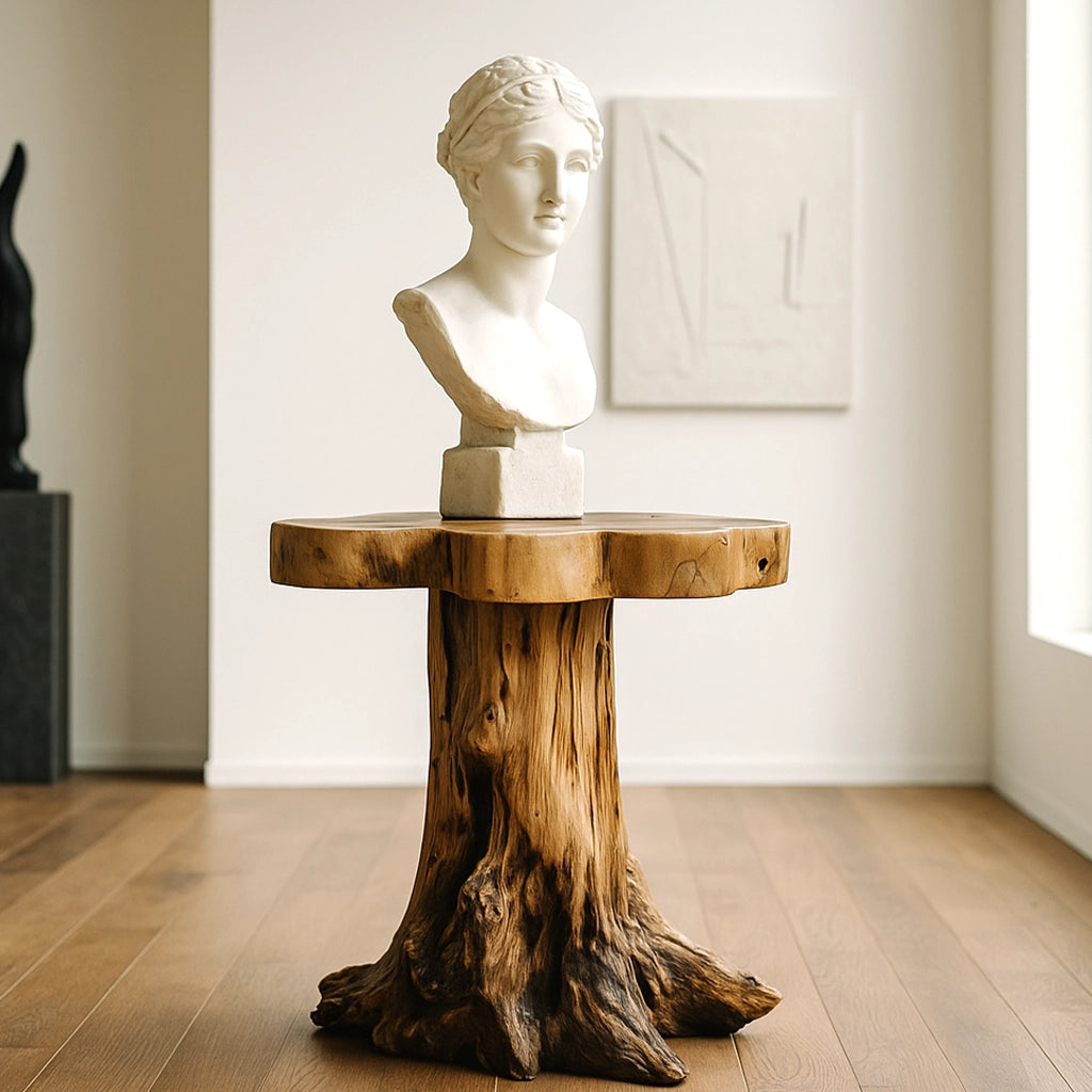 Kleiner Tisch aus natürlichem Wurzelholz mit einer weißen Skulpturbüste, inszeniert in einem modernen, hellen Wohnraum